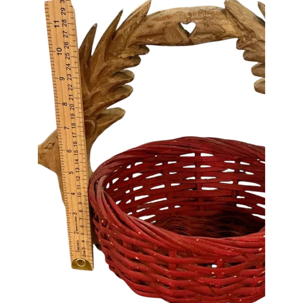 Vintage Hand Carved Wood Deer Handle Red Wicker Basket Rustic Folk Art 15x12x8.5